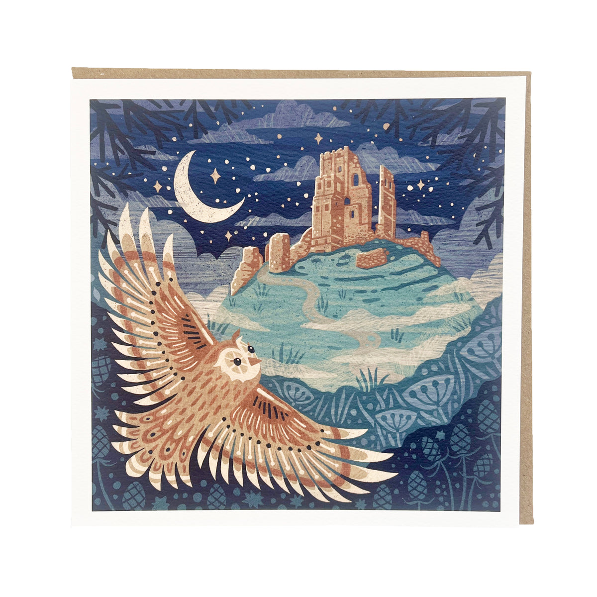 Natasha Robinson - "Owl Corfe Castle" Square Greetings Card