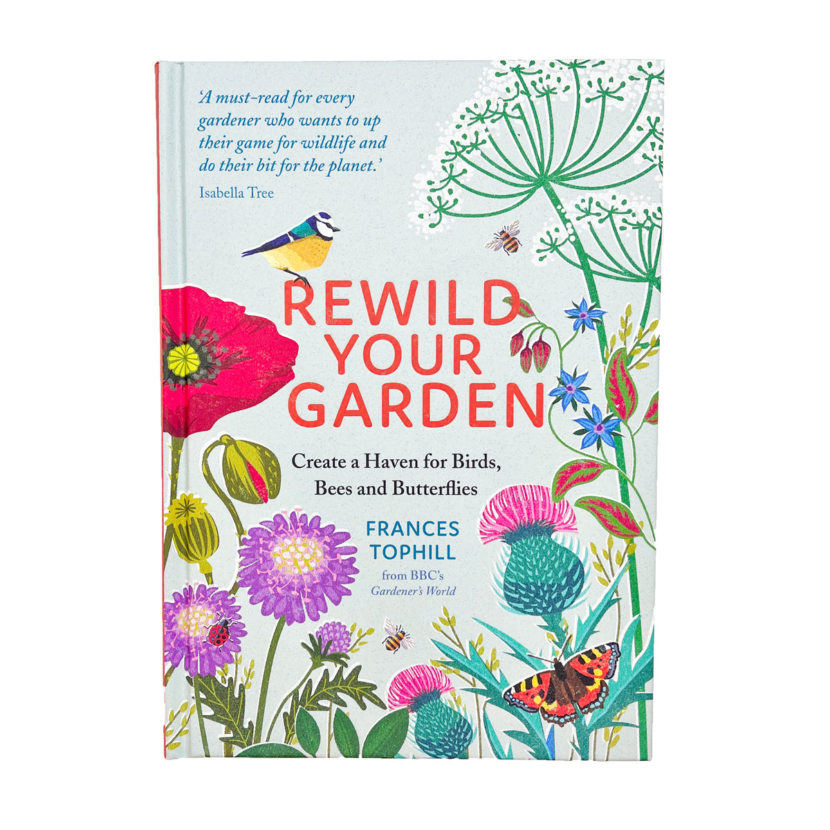 Book cover of 'Rewild Your Garden' with floral design and text on a white background